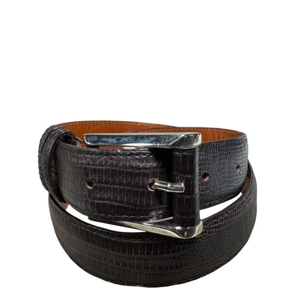 Joan & David Dark Brown Lizard Embossed Leather Belt Silver Buckle Made in Italy